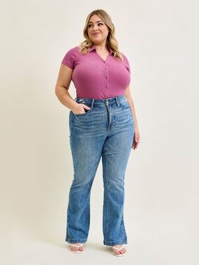 Judy Blue High Waist Tummy Control‎ Vintage Wash Side Slit Slim Bootcut Size 14